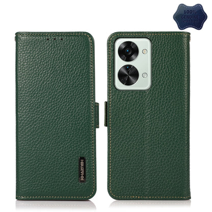 Litchi-texture genuine leather RFID phone case, green, front and back view with camera cutout