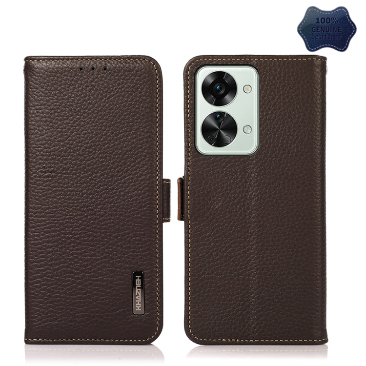 Litchi-texture genuine leather RFID phone case, brown, front and back view with camera cutout
