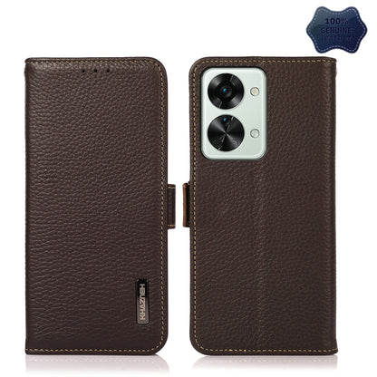Litchi-texture genuine leather RFID phone case, brown, front and back view with camera cutout