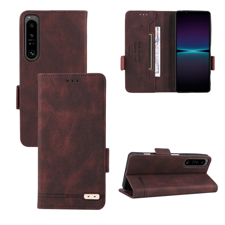 Brown magnetic clasp flip leather phone case with card slots and stand view