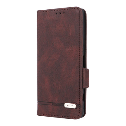 Brown flip phone case with magnetic clasp and stitched edges
