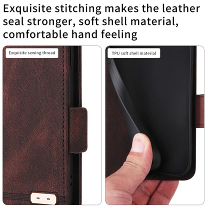 Brown leather flip phone case with reinforced stitching and TPU shell lining