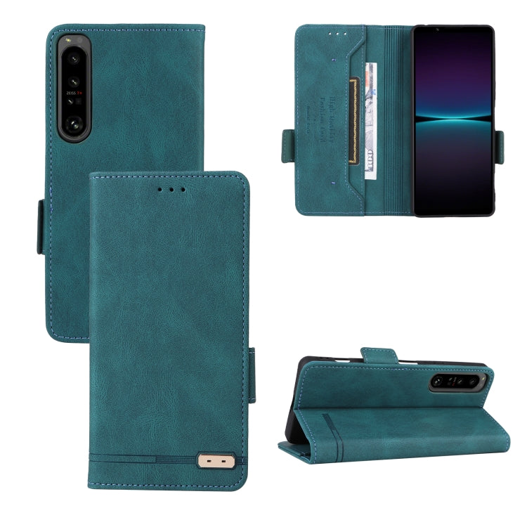 Teal magnetic clasp flip leather phone case with card slots and stand view
