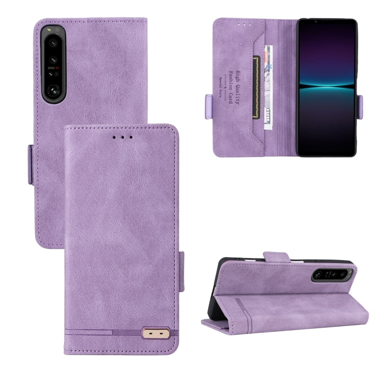 Purple magnetic clasp flip leather phone case with card slots and stand view