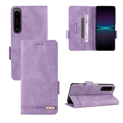 Purple magnetic clasp flip leather phone case with card slots and stand view