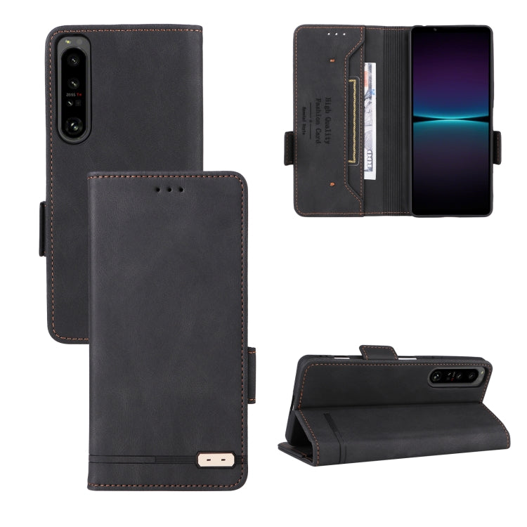 Black magnetic clasp flip leather phone case with card slots and stand view