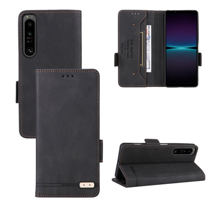 Black magnetic clasp flip leather phone case with card slots and stand view