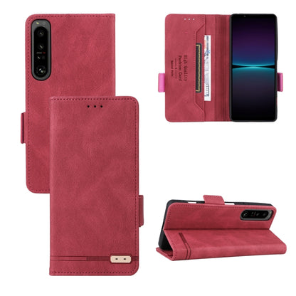 Red leather flip phone case with magnetic clasp, card slot, and stand