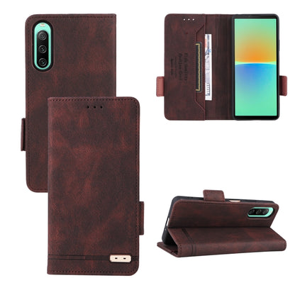 Brown leather flip phone case with magnetic clasp, card slot, and stand