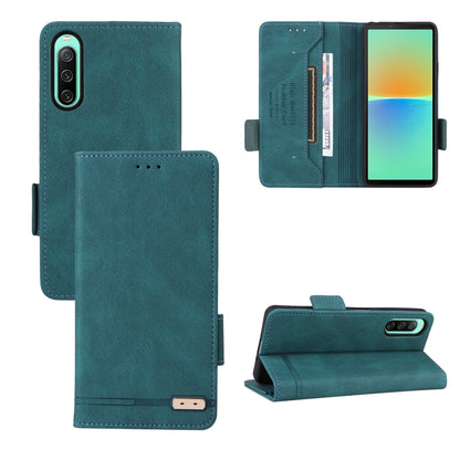 Teal leather flip phone case with magnetic clasp, card slot, and stand