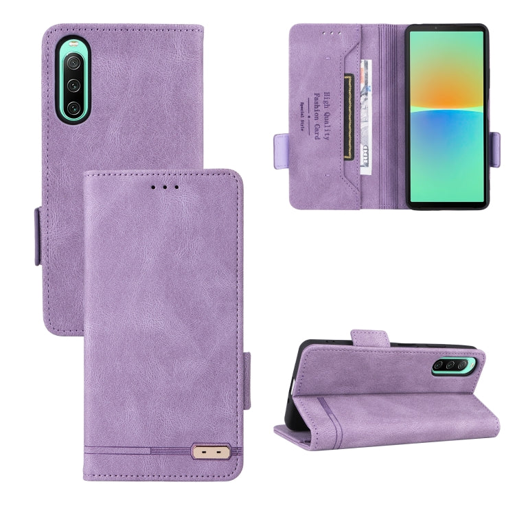 Purple leather flip phone case with magnetic clasp, card slot, and stand
