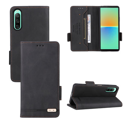 Black leather flip phone case with magnetic clasp, card slot, and stand