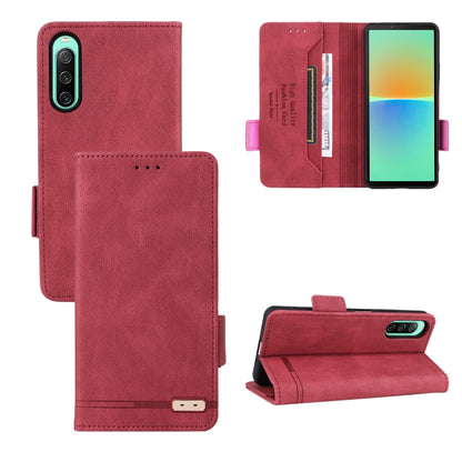 Red leather flip phone case with magnetic clasp and card slot
