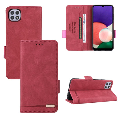 Red leather flip phone case with magnetic clasp and card slot