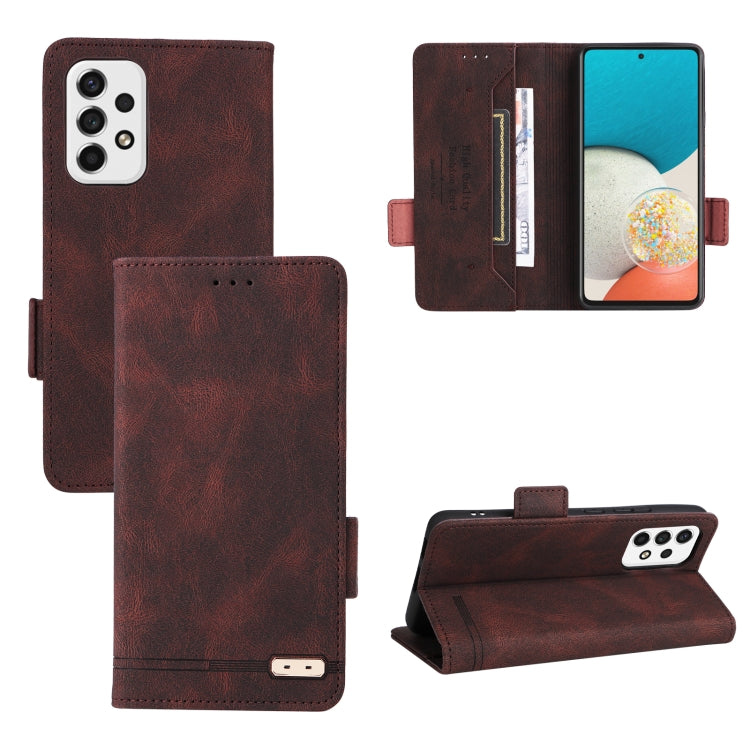 Brown leather flip phone case with magnetic clasp and stand feature