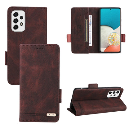 Brown leather flip phone case with magnetic clasp and stand feature