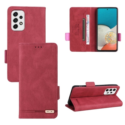 Red leather flip phone case with magnetic clasp and card holder, open and closed views