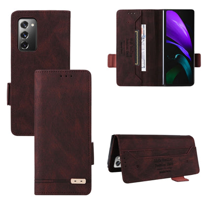 Dark brown leather flip phone case with magnetic clasp and card holder, open and closed views