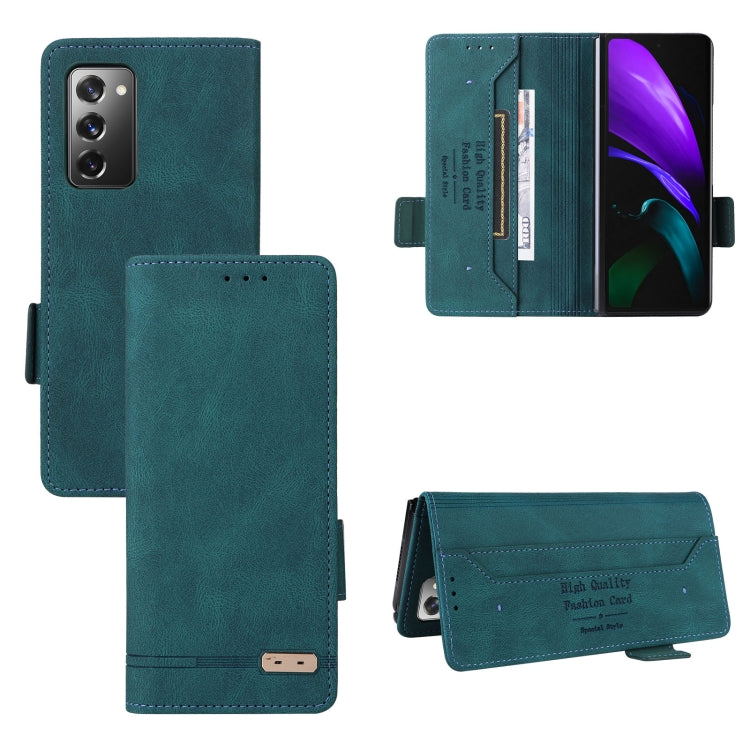 Teal leather flip phone case with magnetic clasp and card holder, open and closed views