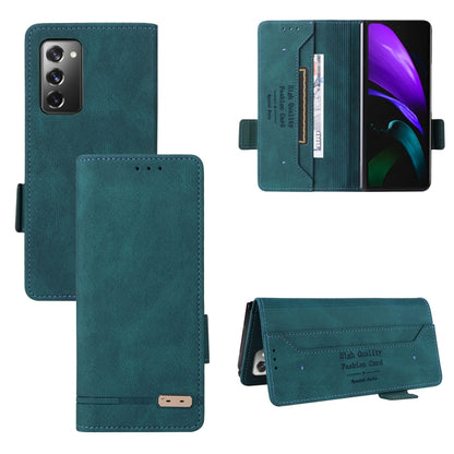 Teal leather flip phone case with magnetic clasp and card holder, open and closed views
