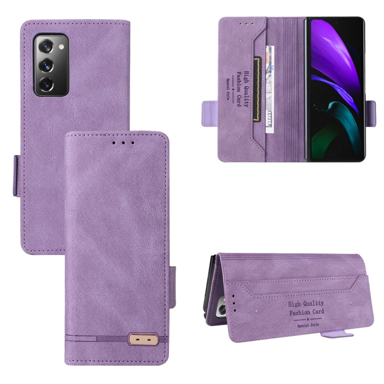 Purple leather flip phone case with magnetic clasp and card holder, open and closed views