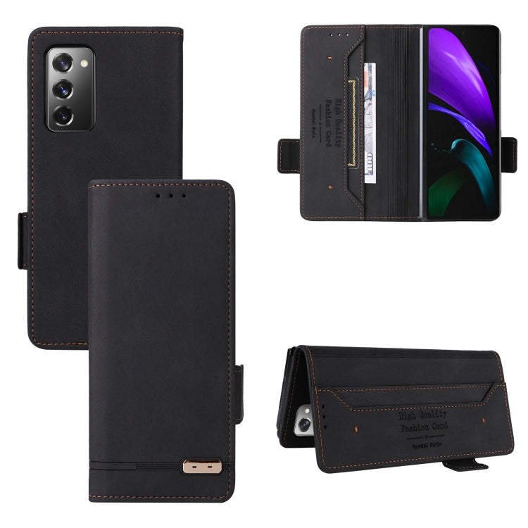 Black leather flip phone case with magnetic clasp and card holder, open and closed views