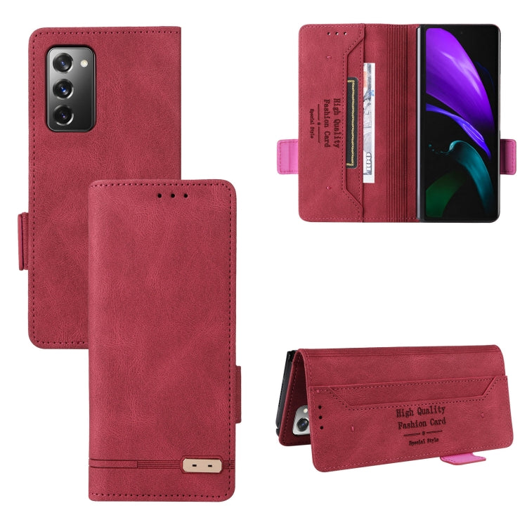 Red leather flip phone case with magnetic clasp and card holder, open and closed views