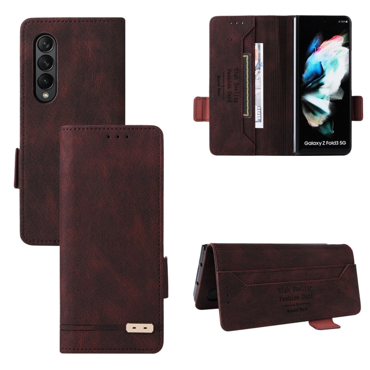 Dark brown leather flip phone case with magnetic clasp and card holder, open and closed views