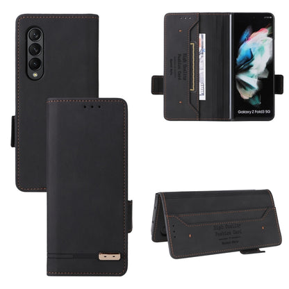 Black leather flip phone case with magnetic clasp and card holder, open and closed views