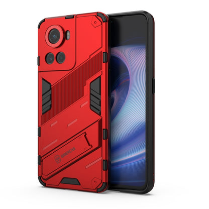 Red rugged phone case with raised camera guards and textured impact panels