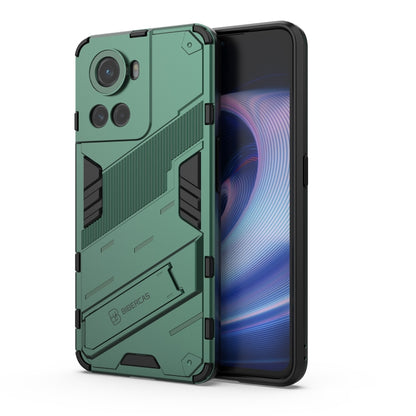 Green rugged phone case with raised camera guards and textured impact panels