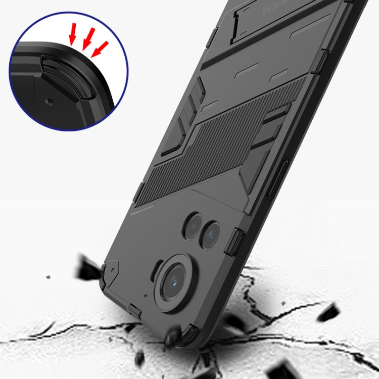 Dark armored phone case with rugged edges and camera cutouts