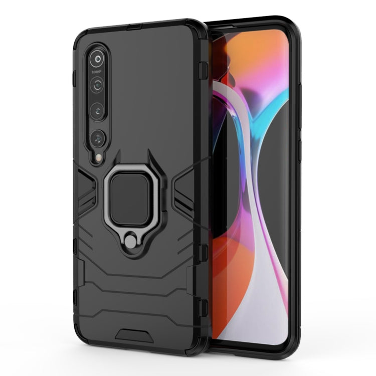 Black shockproof phone case with magnetic ring holder and raised corners