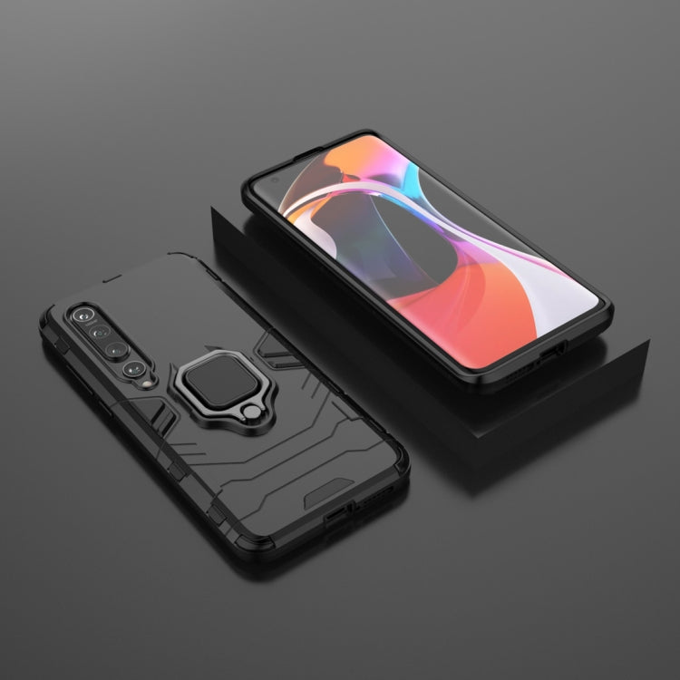 Black shockproof phone case with magnetic ring holder, shown back and front