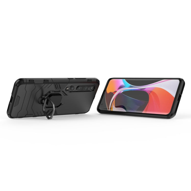 Black shockproof phone case with magnetic ring holder, side and back views