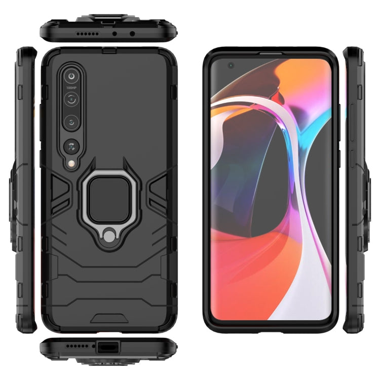 Black shockproof phone case with magnetic ring holder, multi-angle view