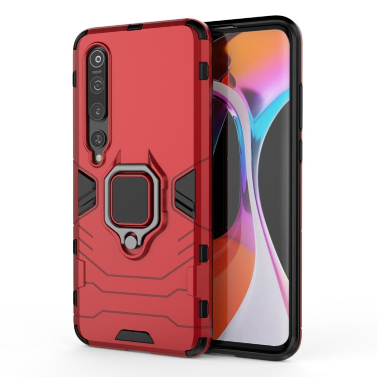 Red shockproof phone case with magnetic ring holder and raised screen edge