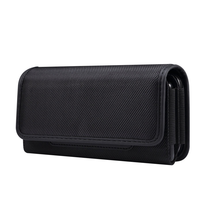 Black oxford cloth phone case with flap, card slots, and side strap loop