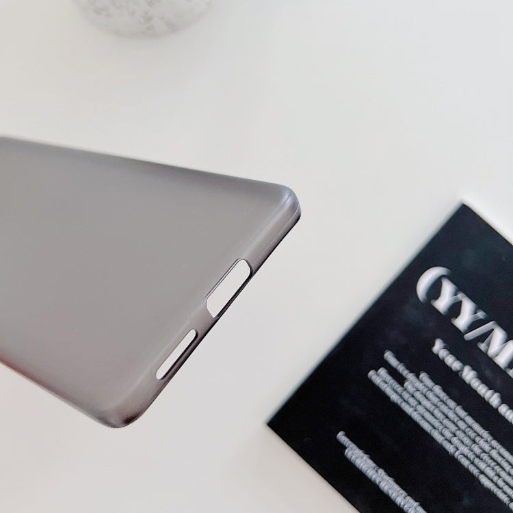 Ultra-thin frosted PP phone case, dark gray/black side profile with button cutout