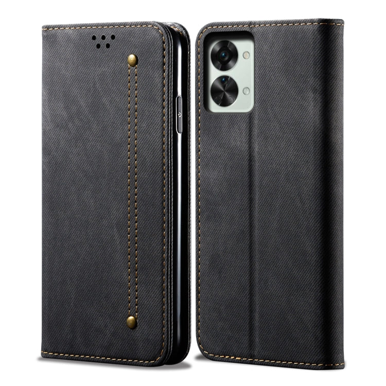 Dark denim-texture leather phone case with camera cutout and stitched edges