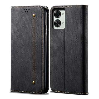 Dark denim-texture leather phone case with camera cutout and stitched edges