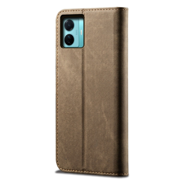 Khaki denim-texture leather phone case with visible camera cutout on back