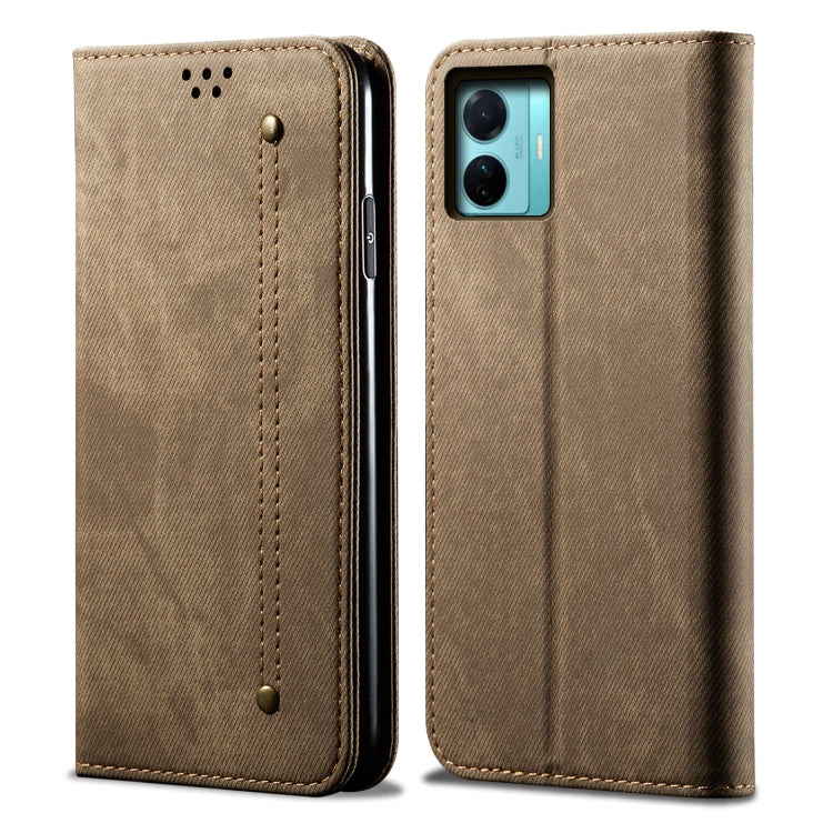 Khaki denim-texture leather phone case with stitched panel and camera cutout