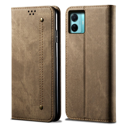 Khaki denim-texture leather phone case with stitched panel and camera cutout