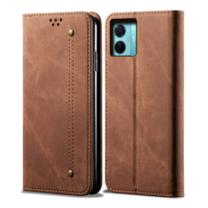 Brown denim-texture leather phone case with stitched panel and camera cutout