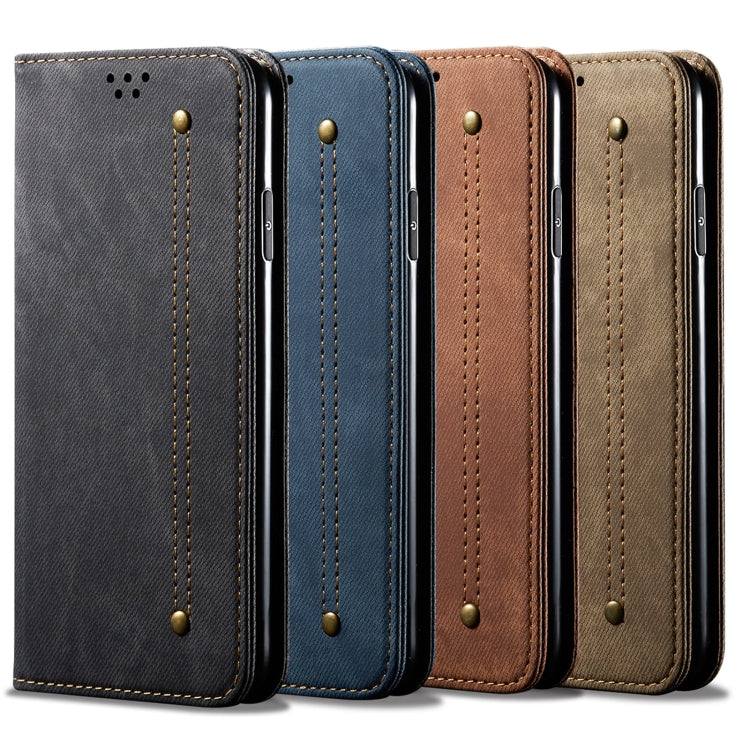 Multi-color denim-textured leather phone case set with camera cutouts.