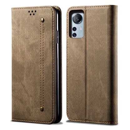 Khaki denim-textured leather phone case with camera cutout and card slot.
