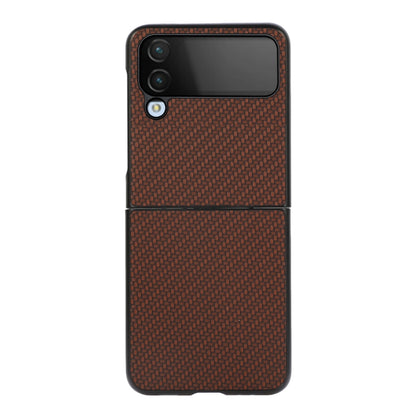 Brown flip-style phone case with carbon-fiber texture and top camera cover