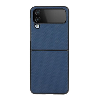 Blue flip-style phone case with carbon-fiber texture and split hinge design