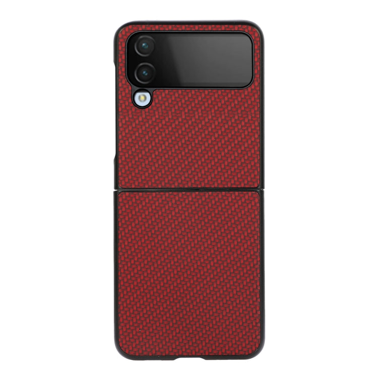Red flip-style phone case with carbon-fiber texture and top camera cover